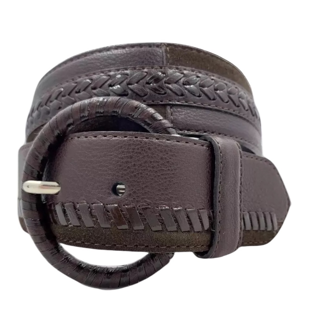Brighton Patchwork Brown Leather Belt Women's Size 34 B31148 Round Buckle NWT!